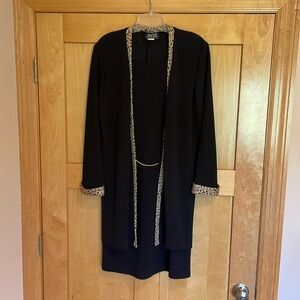 Vany Black All-in One Dress and Jacket.  Misses 14 Petite.  Leopard trim